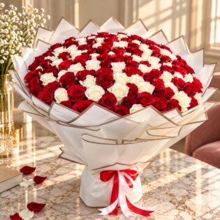300 red and white roses